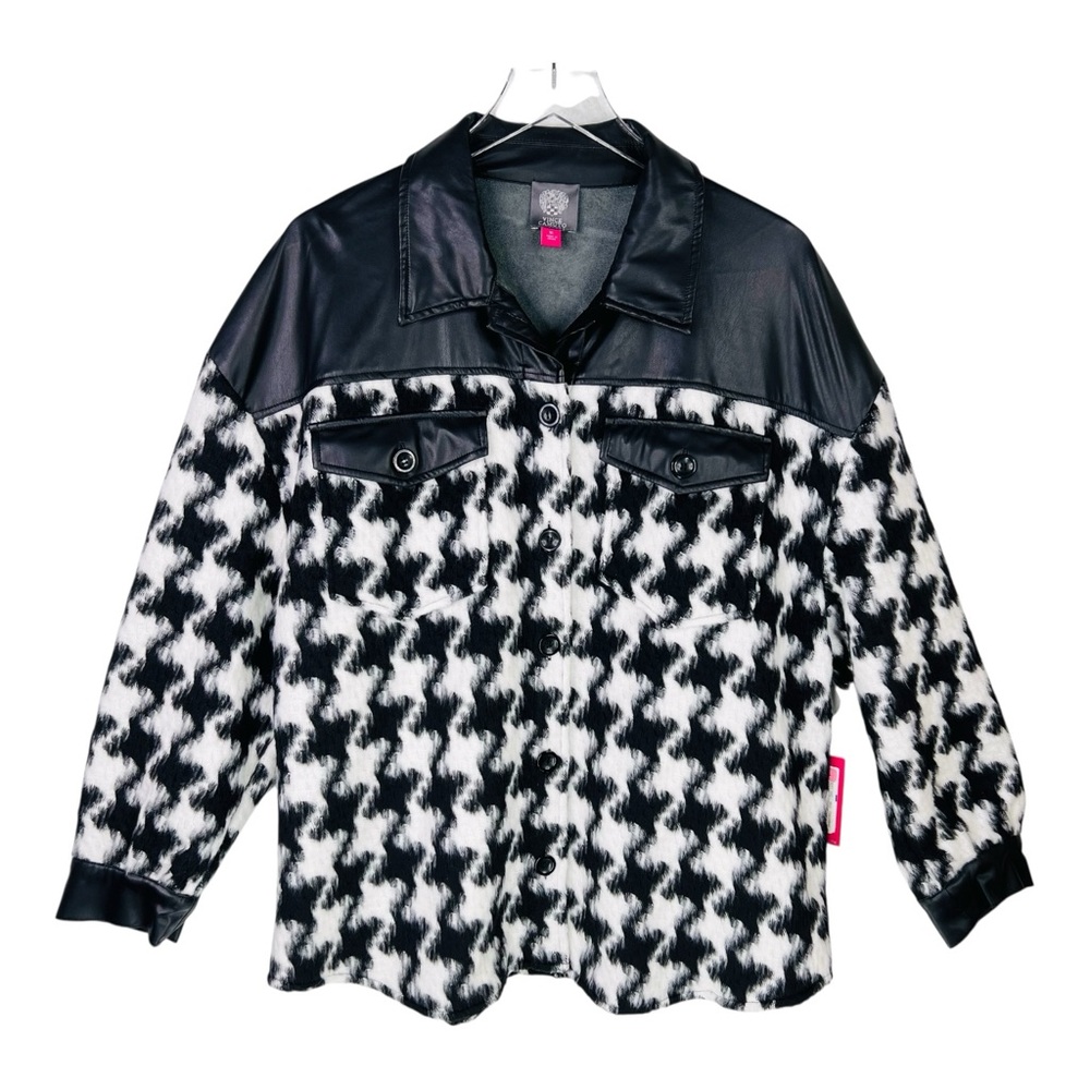 Vince Camuto Black/White Houndstooth Faux Leather Trim Button Down Shacket XL - Picture 2 of 15
